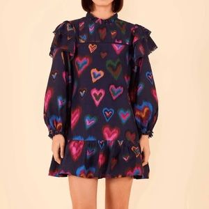 Farm Rio M Ruffled Mock Neck Hearts Mini Dress